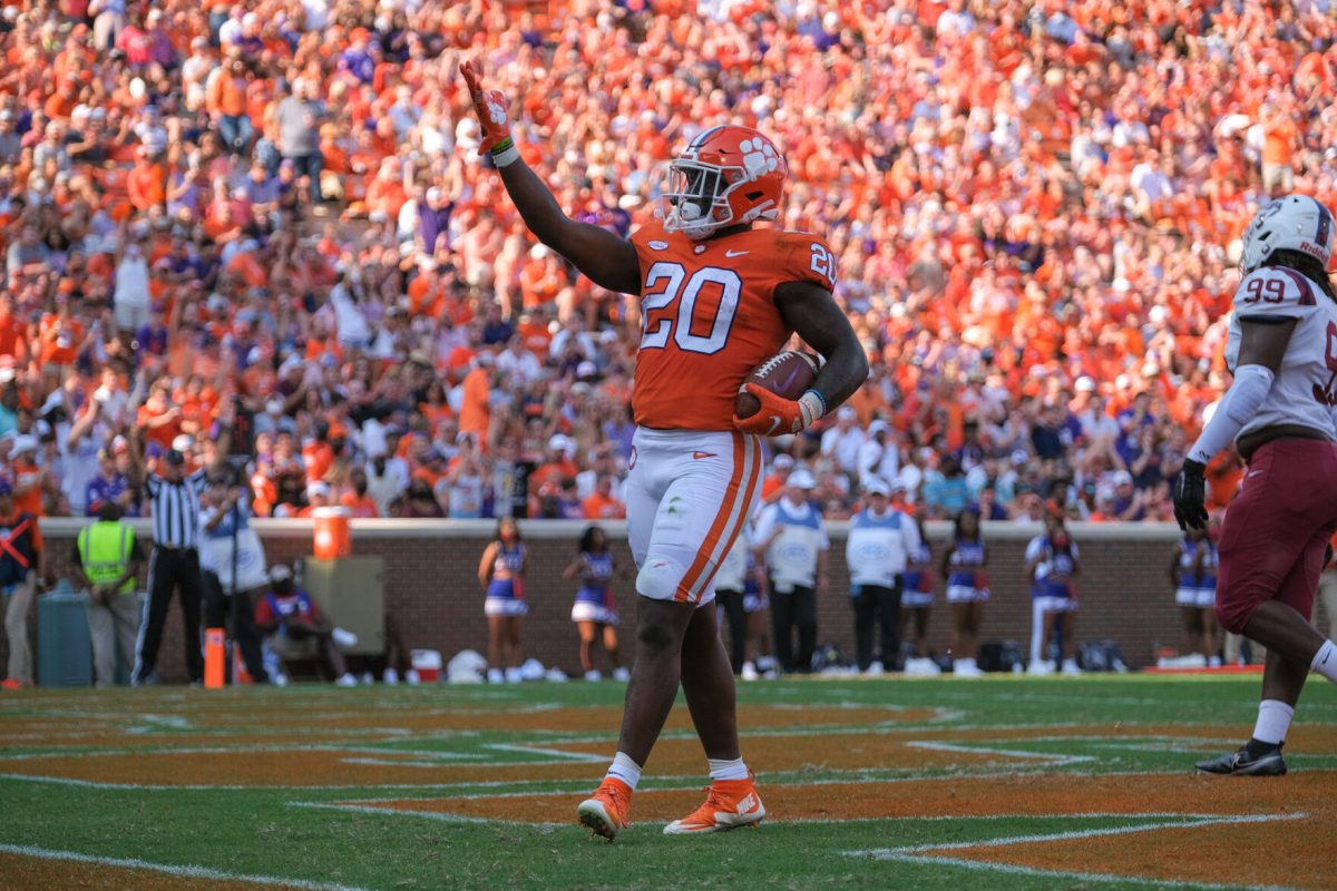 Running back Kobe Pace (20) scores his first touchdown of the 2021 season against&#160;South Carolina State in Memorial Stadium on Sept. 11, 2021.