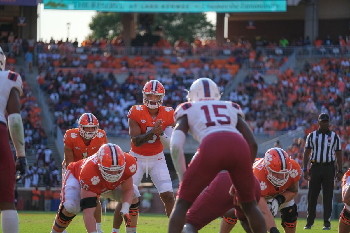 Clemson quarterback DJ Uiagalelei prepares for a snap against South Carolina State in Memorial Stadium on Sept. 11, 2021.