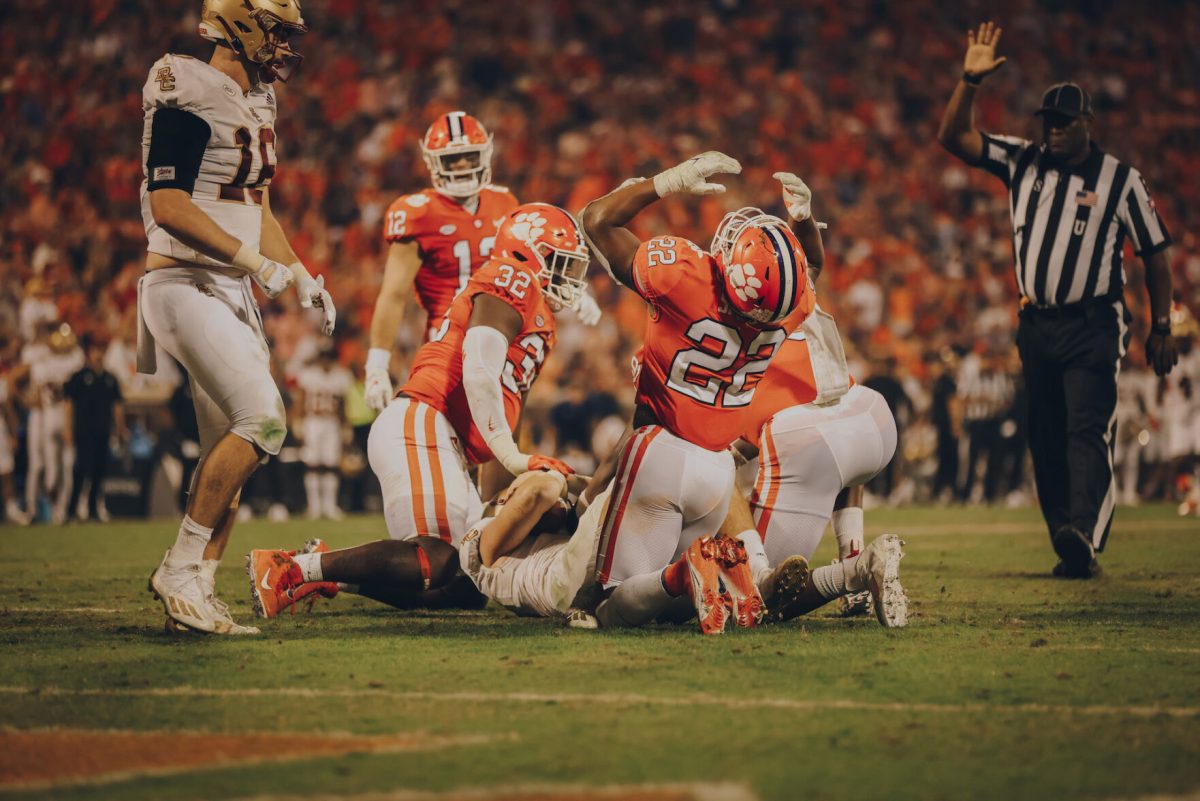 Clemson linebacker Trenton Simpson appears frustrated after a play against Boston College on Oct. 2, 2021.