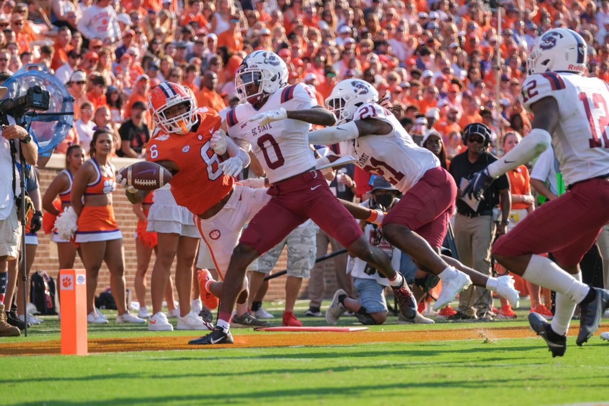 Clemson wide receiver E.J. Williams stretches out to reach the end zone against South Carolina State in Memorial Stadium on Sept. 11, 2021.