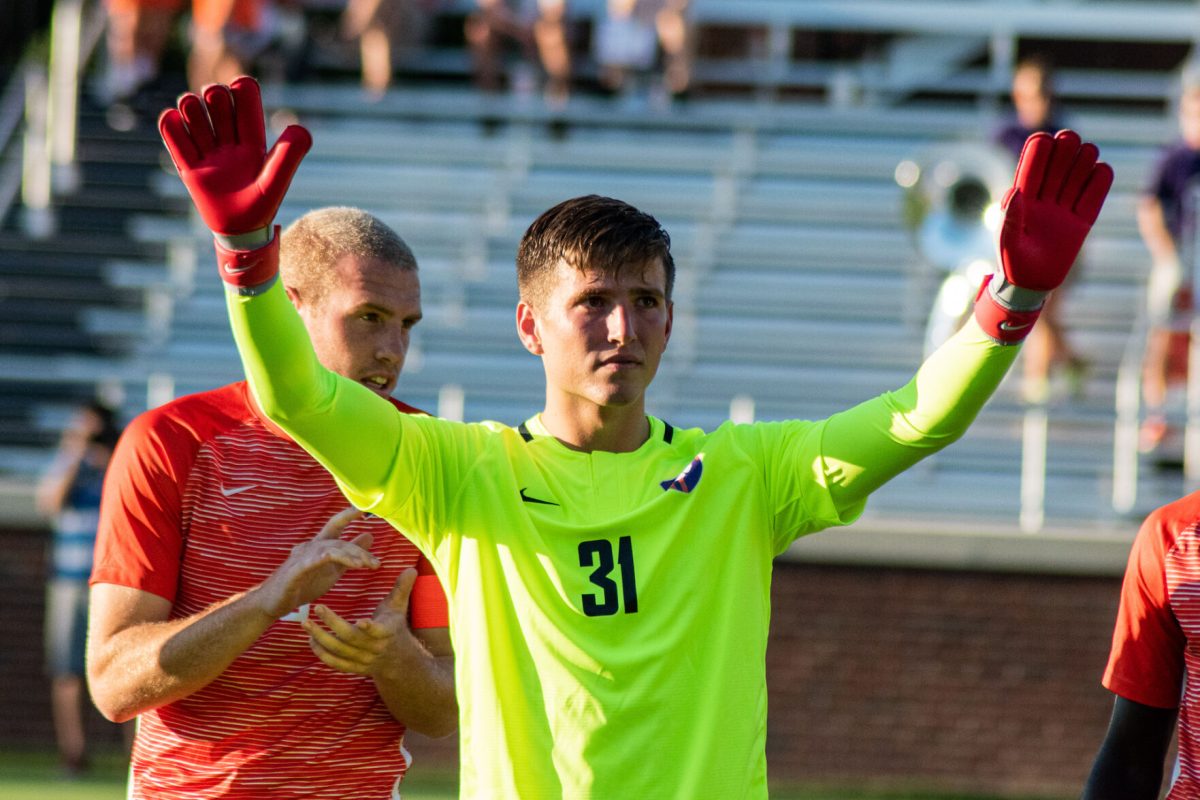 Clemson+mens+soccer+goalie+George+Marks+%2831%29+in+a+2019+soccer+match+at+Historic+Riggs+Field.