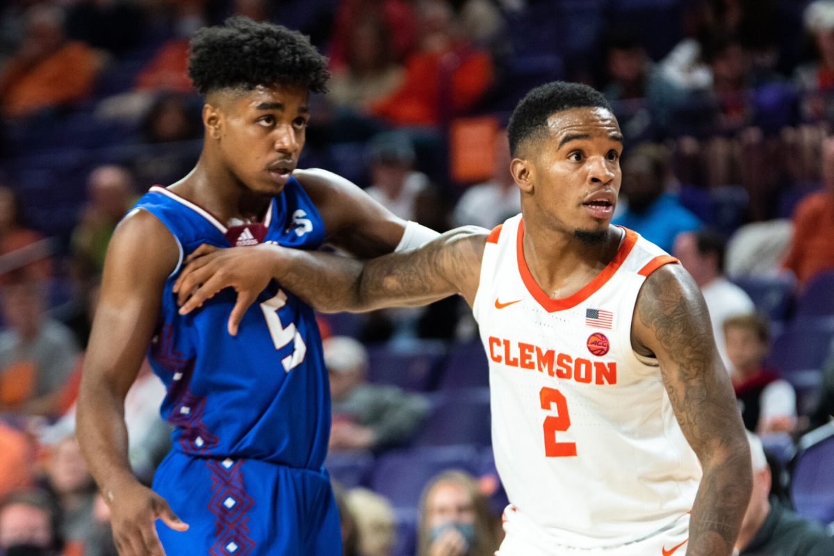 Clemson+junior+guard+Al-Amir+Dawes+%282%29+guards+Presbyterian+College+junior+guard+Zeb+Graham+%285%29+during+an+in-bound+play+during+the+teams+Nov.+9%2C+2021+matchup+in+Littlejohn+Coliseum+in+Clemson%2C+S.C.+Dawes+lead+all+scorers+in+the+contest+with+21+points.