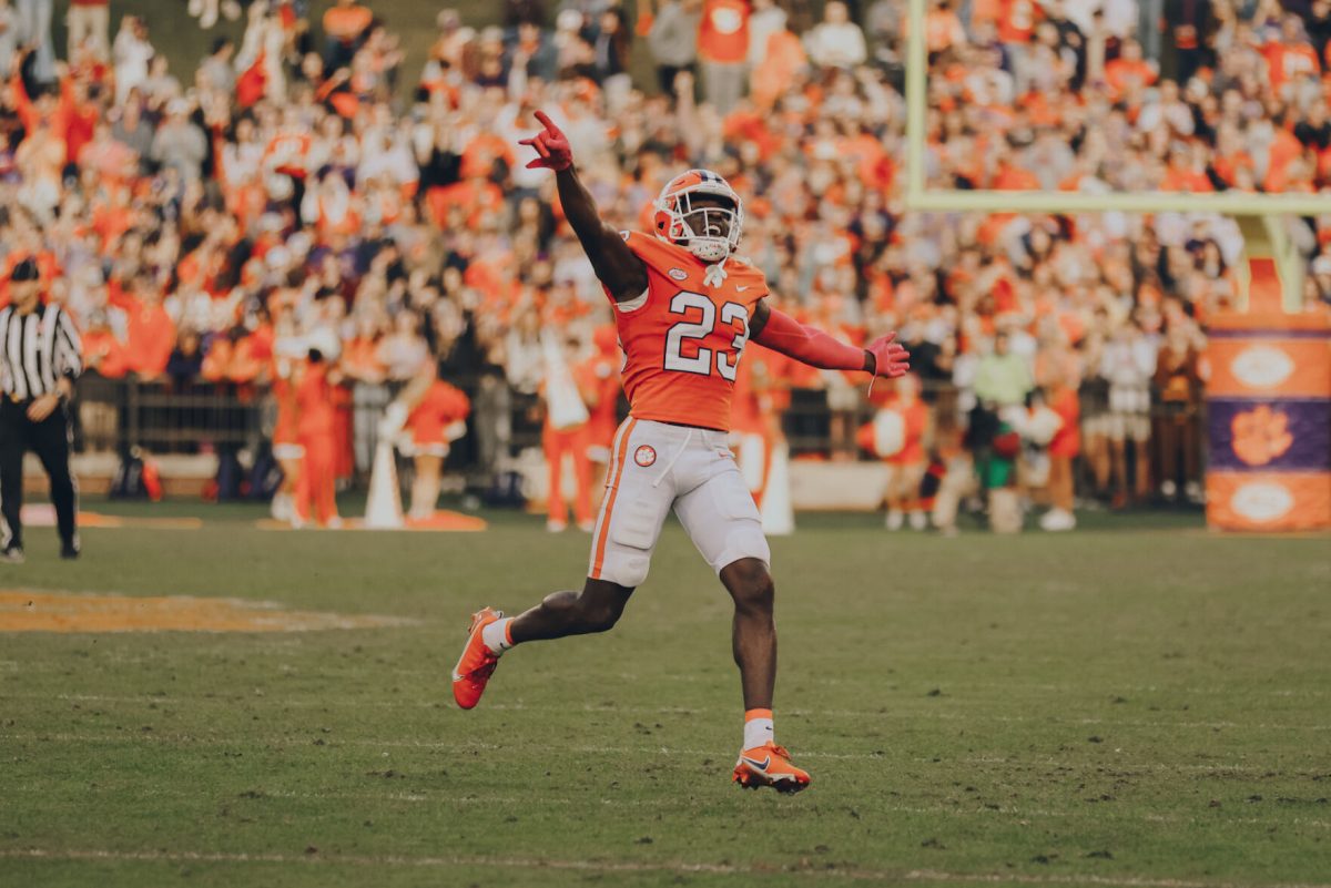 Clemson cornerback Andrew Booth Jr. (23) celebrates against Florida State on Oct. 30, 2021.