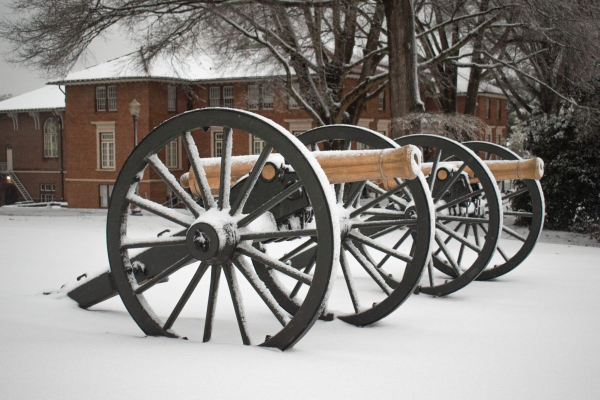 The cannons on Bowman Field are covered in snow early in the morning of Jan. 16, 2022.
