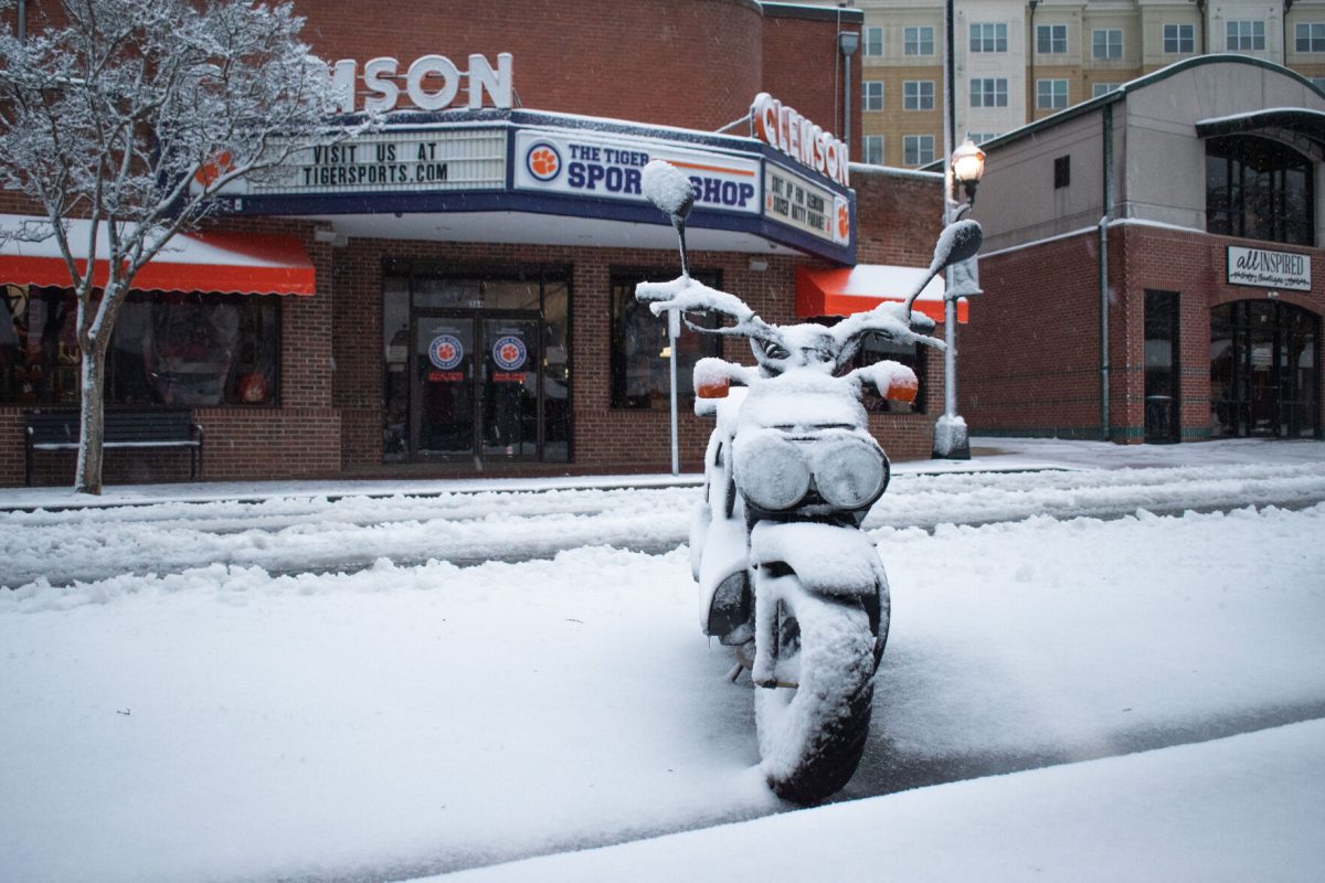 A forgot moped sits across from the Tiger Sports shop in downtown Clemson on the morning of Jan. 16, 2022.