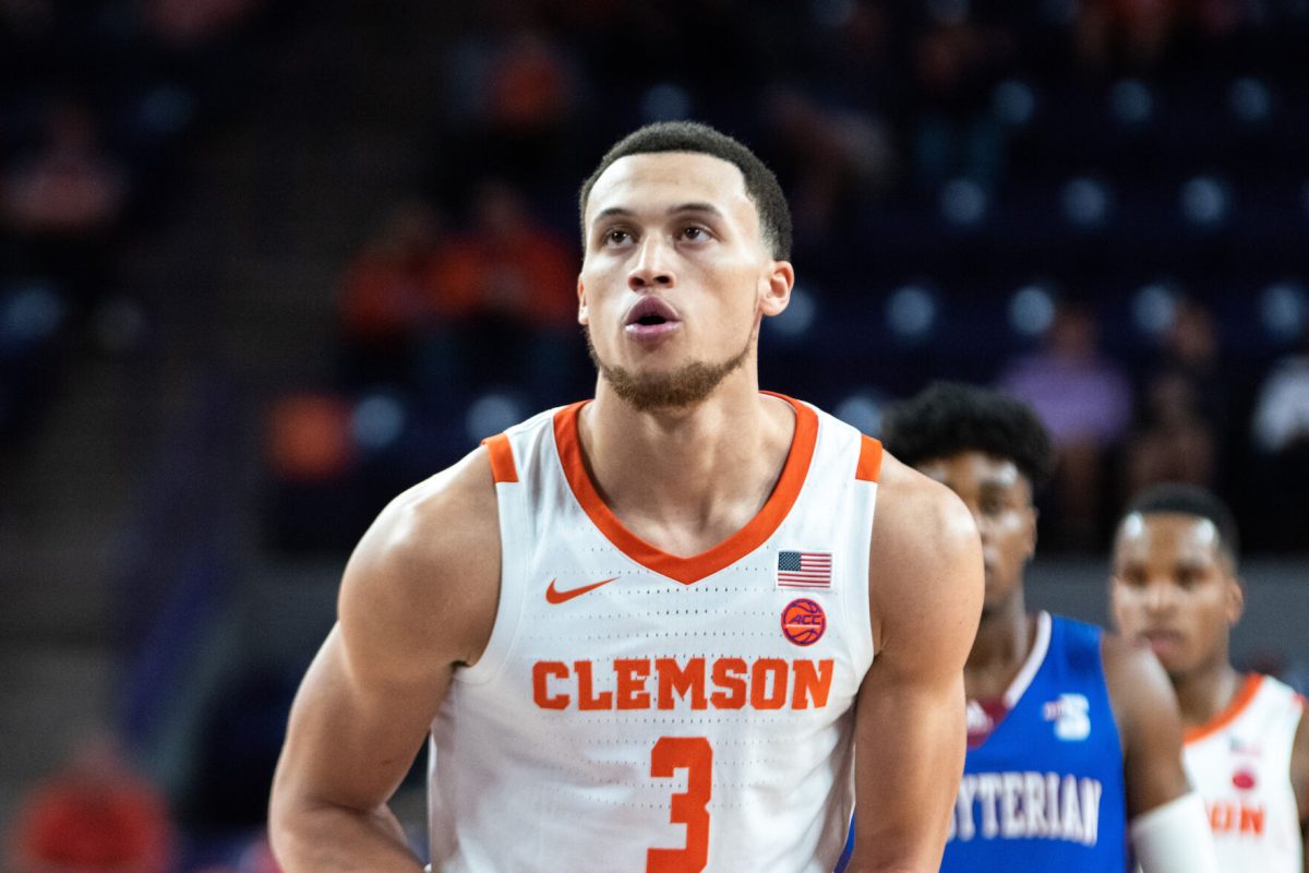 Clemson+guard+Chase+Hunter+%283%29+attempts+a+free+throw+against+Presbyterian+on+Nov.+9%2C+2021.