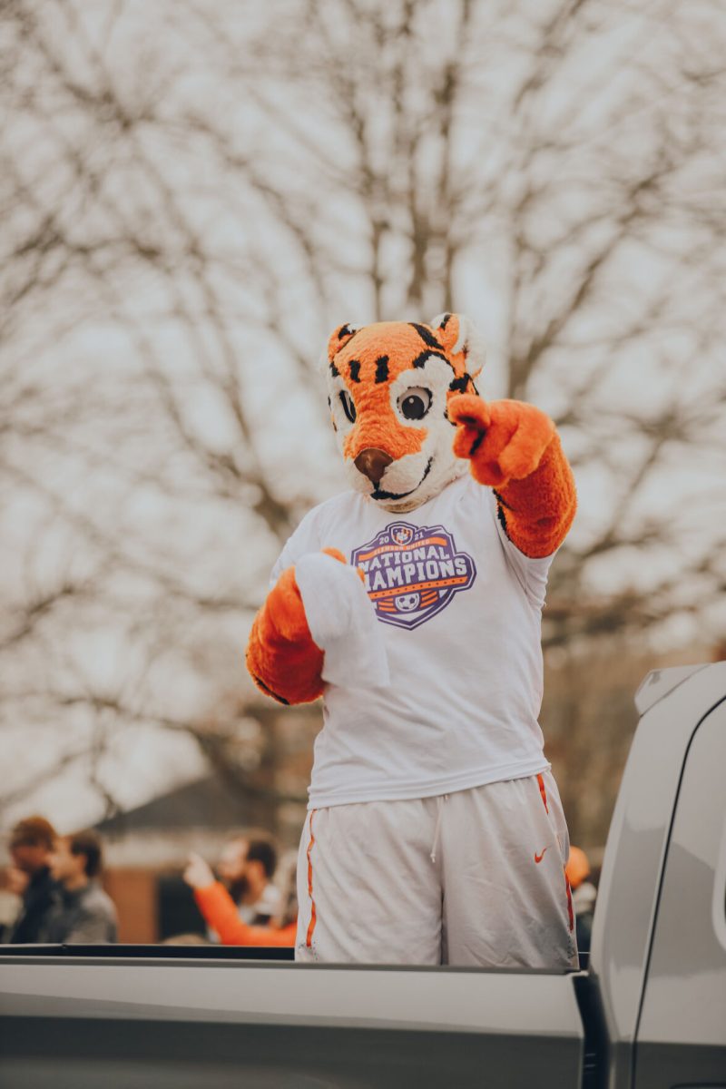 The+Tiger+celebrates+the+2021+mens+soccer+national+championship.