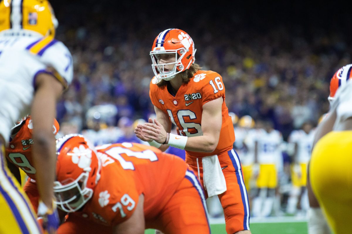 Trevor Lawerence (16) lines up to receive the snap at the 2020 College Football Playoff National Championship on Jan. 13, 2020.