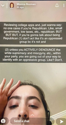 The Snapchat post by Rozman implied her own political bias and created controversy over college admissions.