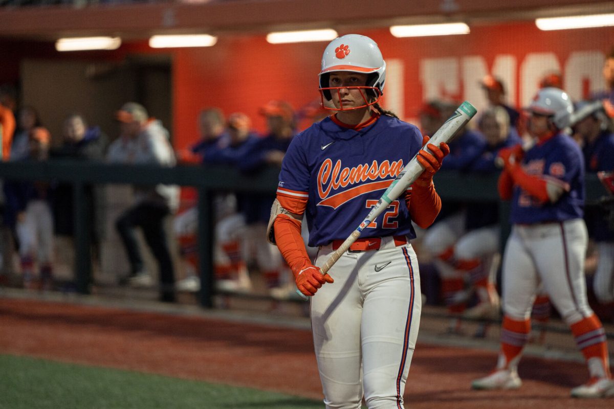 Clemson pitcher Valerie Cagle (72) prepares to hit against Boston in the Clemson Classic tournament on Feb. 26, 2022.