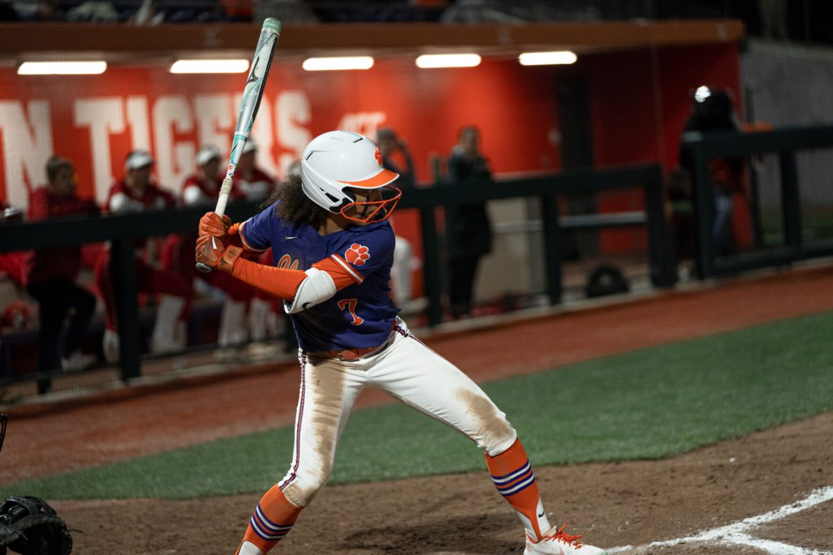 Clemson+outfielder+McKenzie+Clark+hits+against+Boston+in+the+Clemson+Classic+Championship+game+on+Feb.+26%2C+2022.