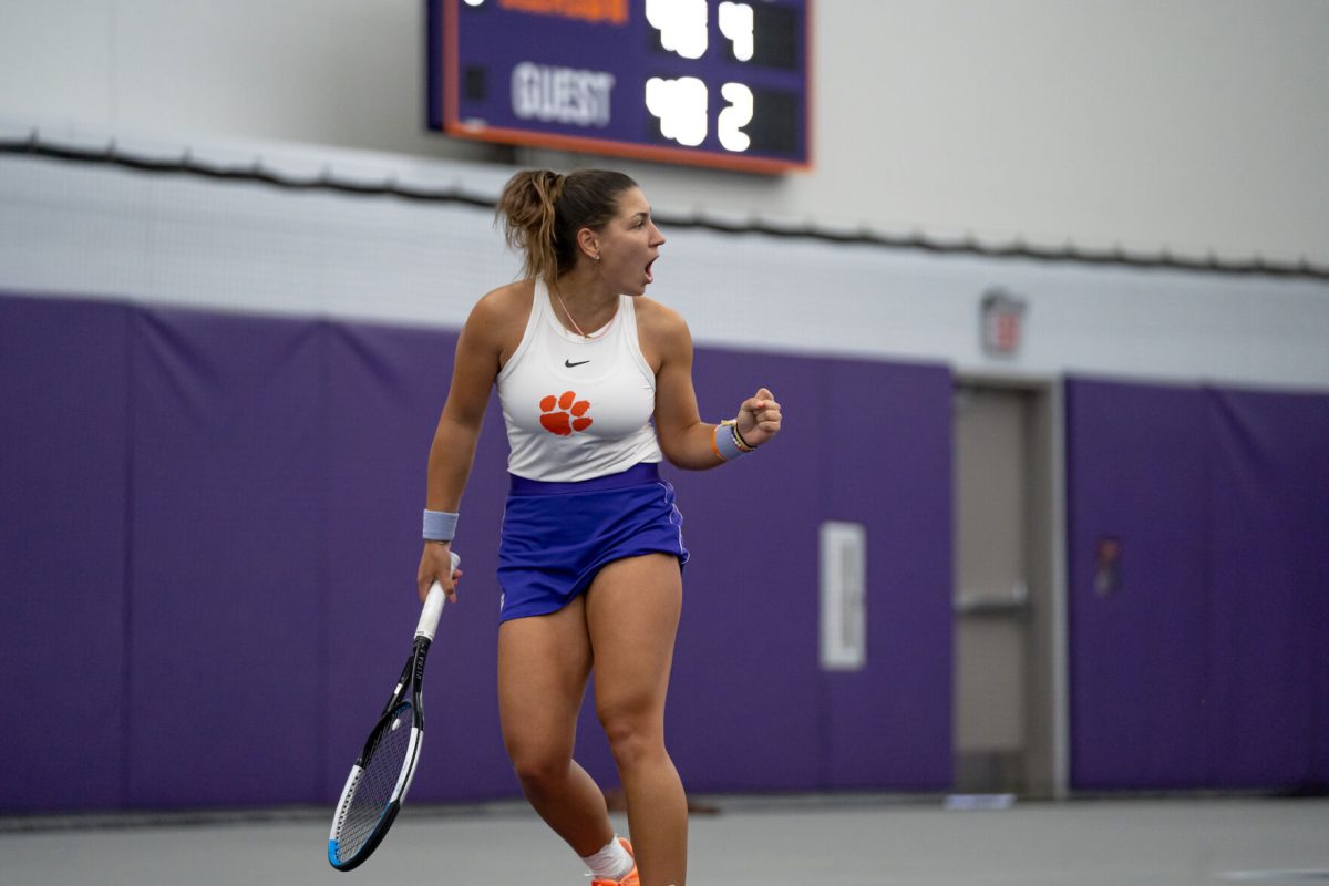 Clemson womens tennis player Daniella Medvedeva celebrates in a match at The Duckworth Family Tennis Facility. 