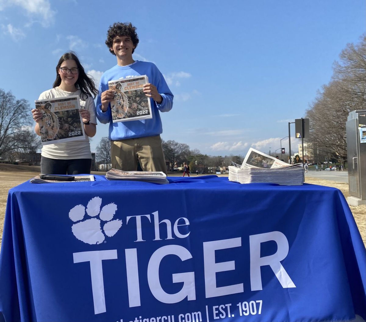 The best part of putting together a print edition is getting it in the hands of the Clemson community! Here, Sydney Ford and Dylan White are distributing copies of The Tigers annual Best of Clemson issue out on Bowman Field.