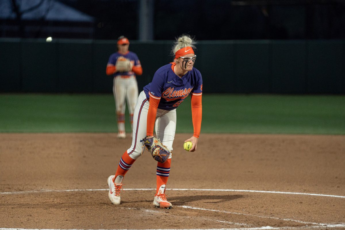 Clemson+softball+pitcher+Millie+Thompson+%2887%29+prepares+to+pitch+in+the+circle+against+Boston+in+McWhorter+Stadium.