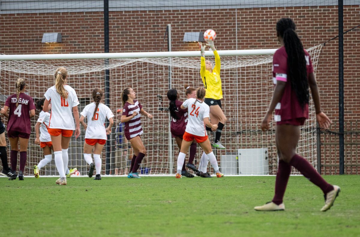 Clemson goalie Halle Mackiewicz saves a goal against Texas A&amp;M at Historic Riggs Field on Aug. 18, 2022.