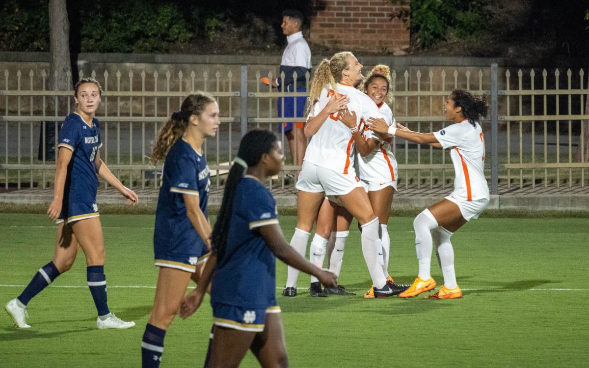 The+Clemson+womens+soccer+team+celebrates+during+its+match+with+No.+6+Notre+Dame+at+Historic+Riggs+Field+on+Sept.+15%2C+2022.%26%23160%3B