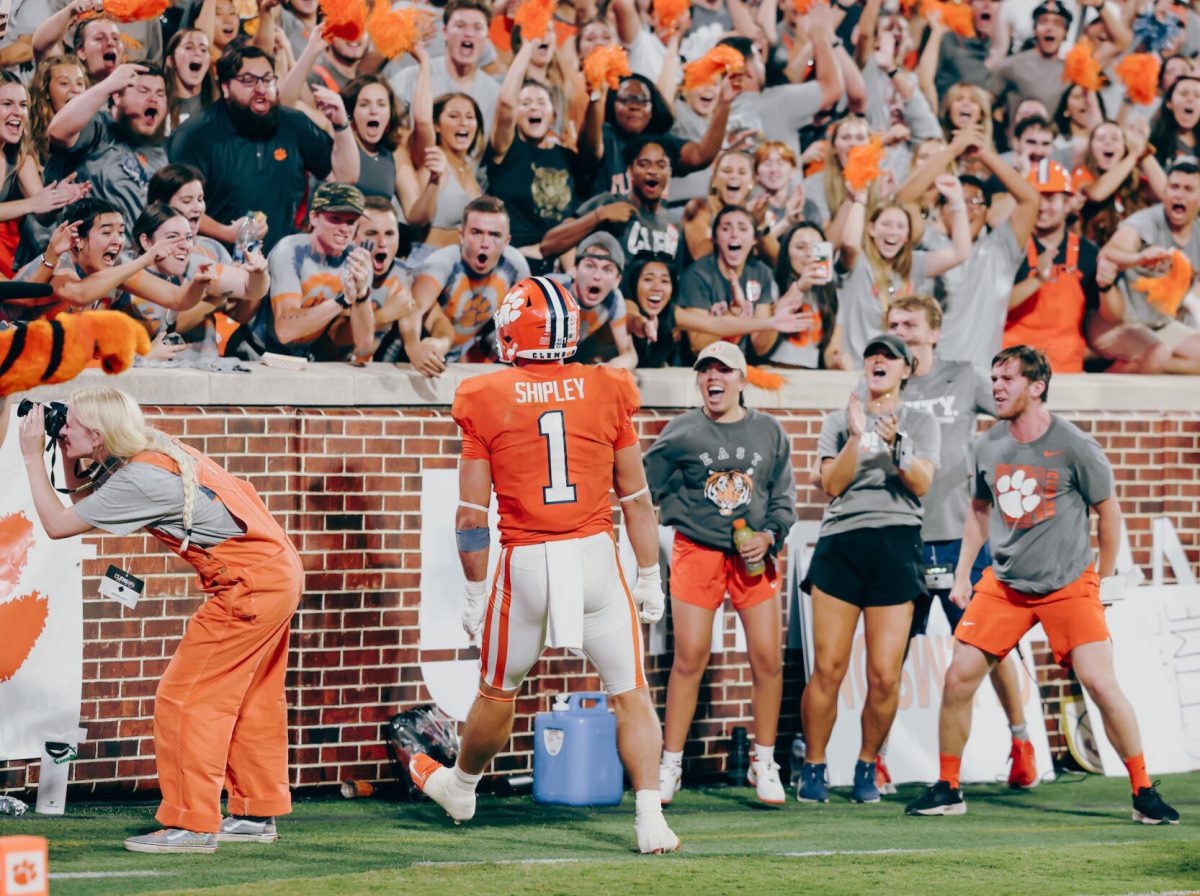 Clemson running back Will Shipley (1) celebrates with fans during the Tigers’ game against Louisi-ana Tech in Memorial Stadium on Sept. 17, 2022.