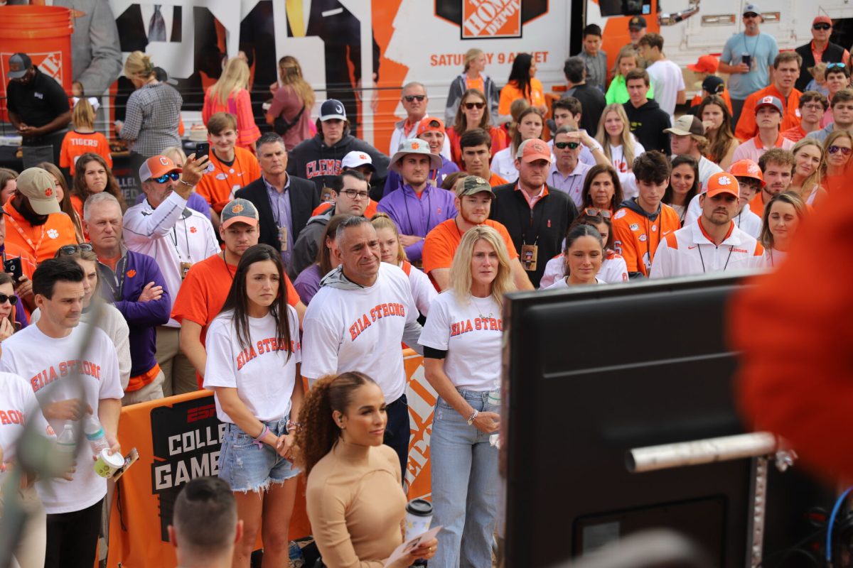 The Bresee family watches a video about Ella Bresee, who passed away in September 2022, during College GameDays visit to Clemson on Oct. 1, 2022. 