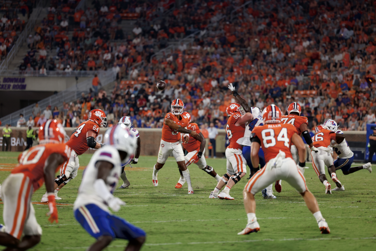 Clemson quarterback DJ Uiagalelei (5) throws a pass during the Tigers' matchup with Louisiana Tech at Memorial Stadium on Sept. 17, 2022.&#160;