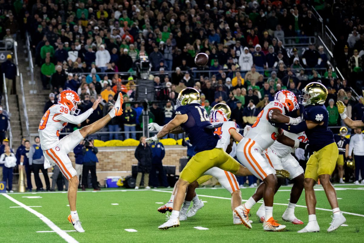 Clemson’s first punt of the game by punter Aidan Swanson (#39) was blocked by Notre Dame for a touchdown.