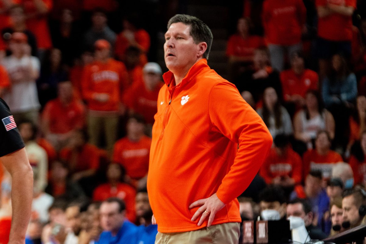 Clemson+mens+basketball+head+coach+Brad+Brownell+surveys+the+court+during+the+Tigers+matchup+with+Duke+at+Littlejohn+Coliseum+on+Feb.+10%2C+2022.
