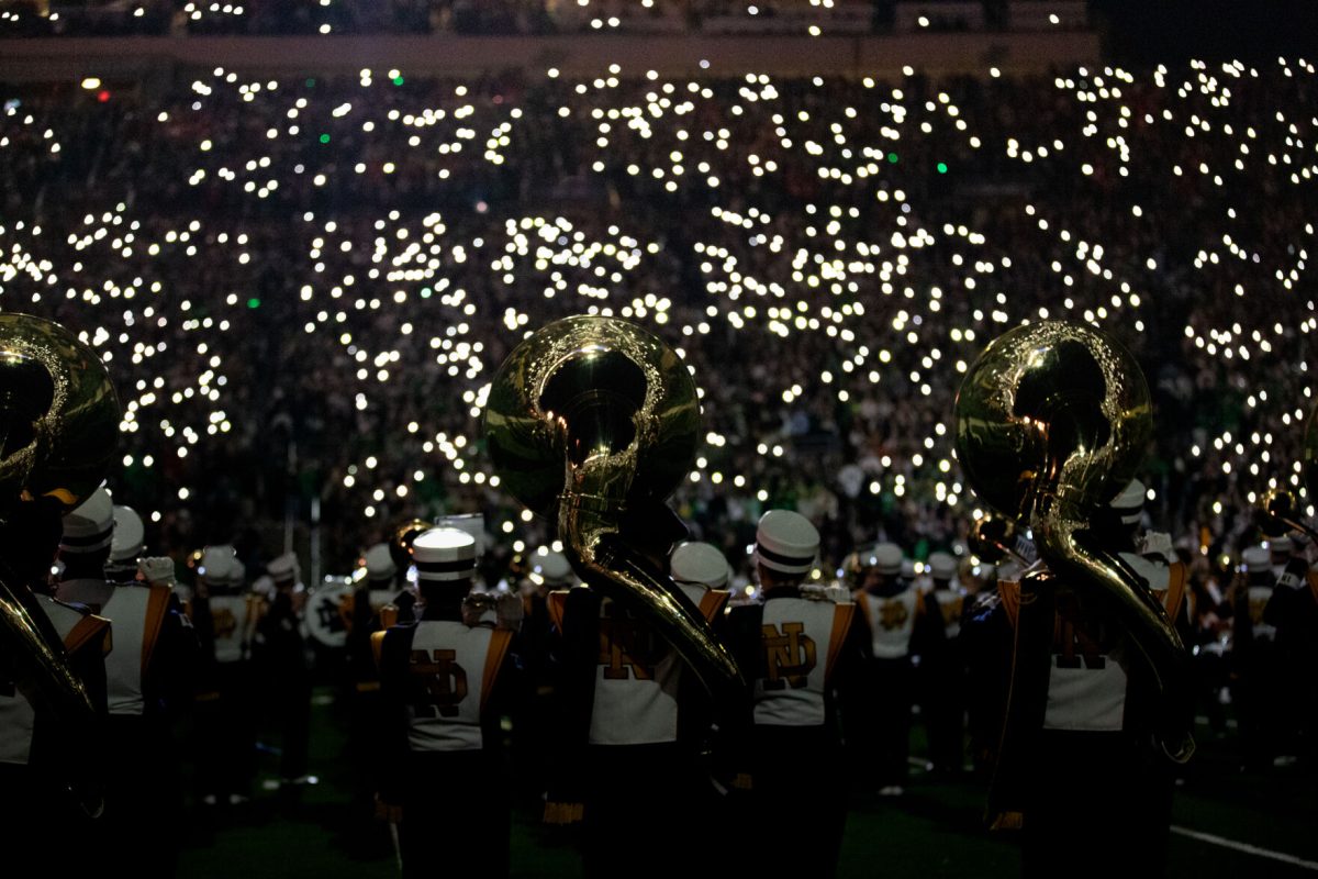 The Notre Dame Marching Band, pictured during their pregame show, is the oldest university marching band.