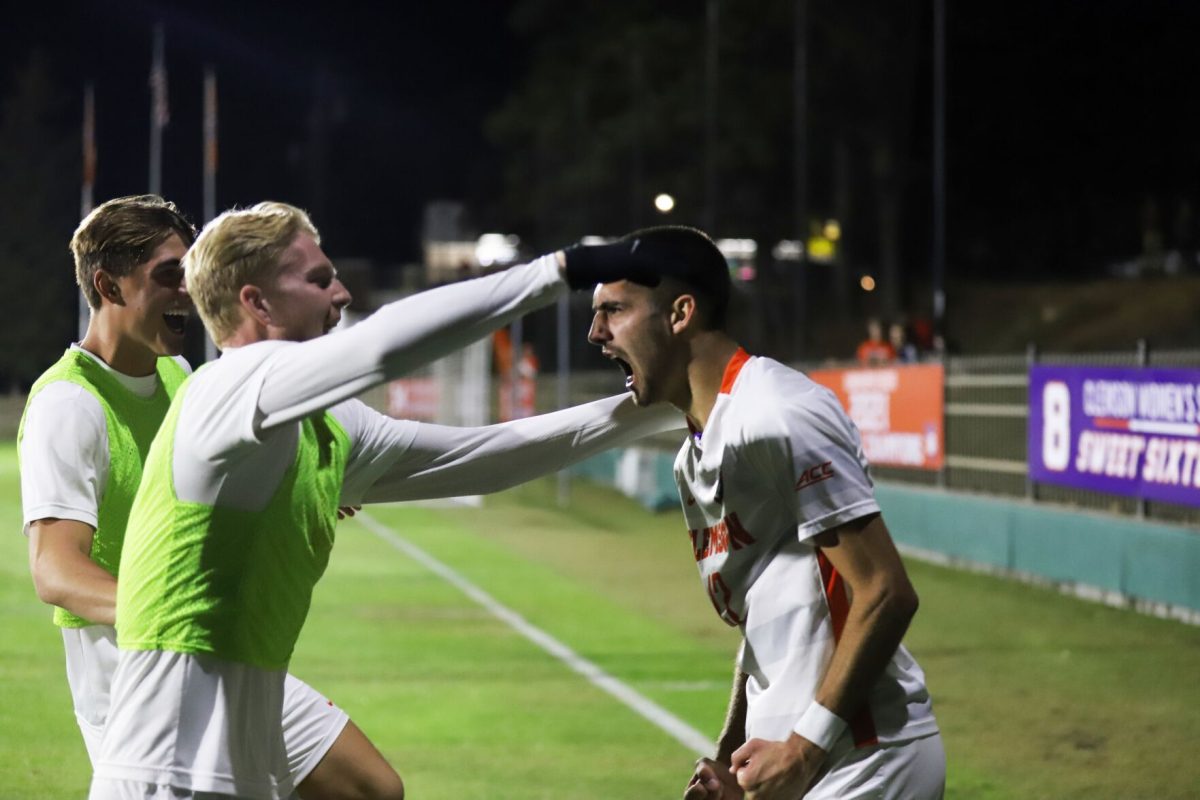 Clemson+defender+Joey+Skinner+celebrates+with+teammates+during+the+Tigers+match+against+the+University+of+Massachusetts+at+Historic+Riggs+Field+on+Oct.+24%2C+2022.