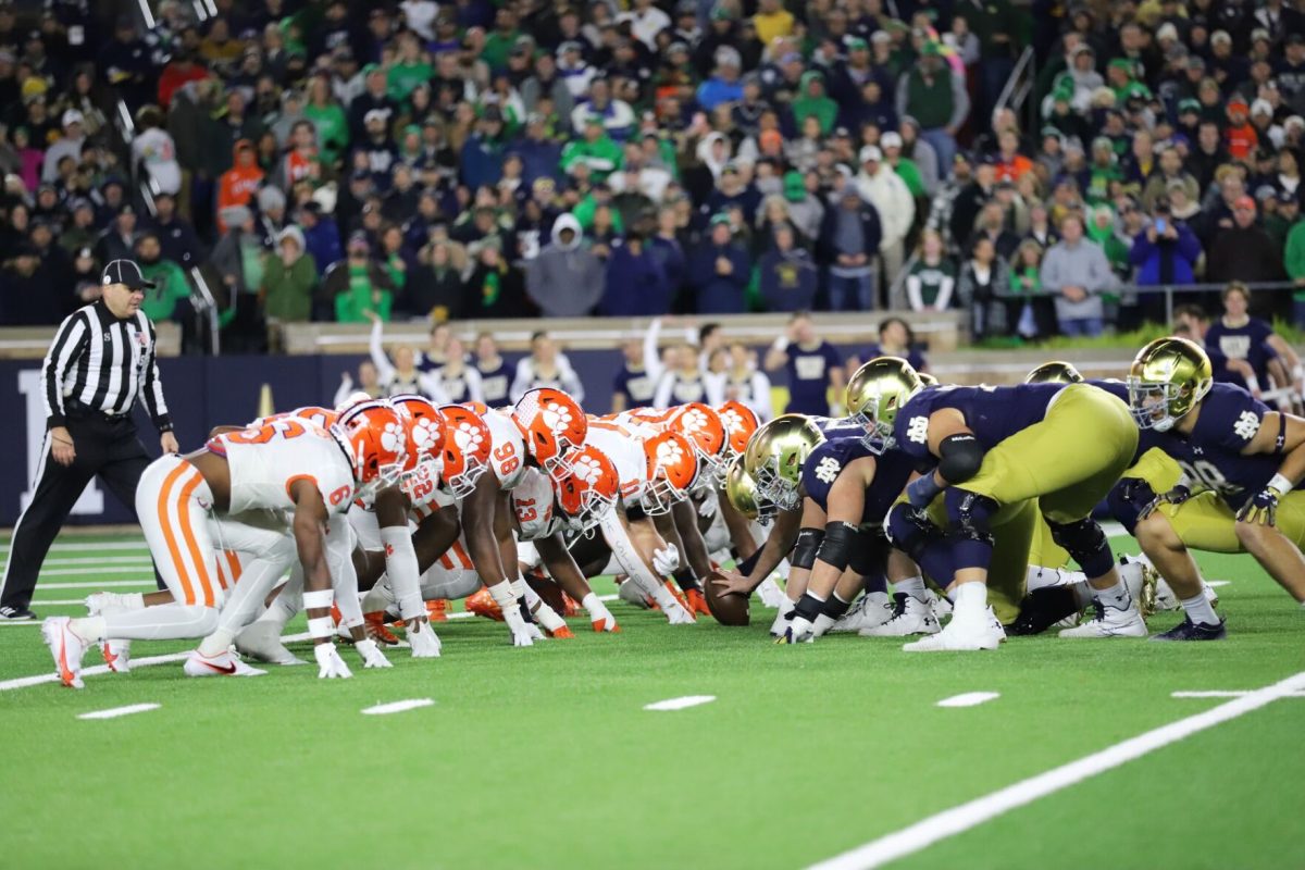 Clemsons defensive line faces off against Notre Dames special teams unit during the first half of the Tigers matchup with Notre Dame in Notre Dame Stadium on Nov. 5, 2022. 