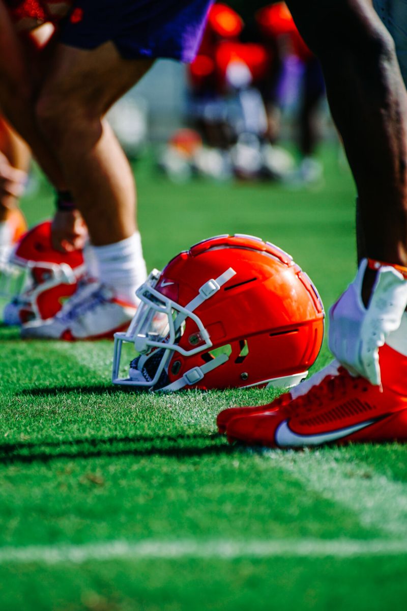 Clemson football helmet on the practice field during practice in Miami on Dec. 28, 2022 before the Orange Bowl.
