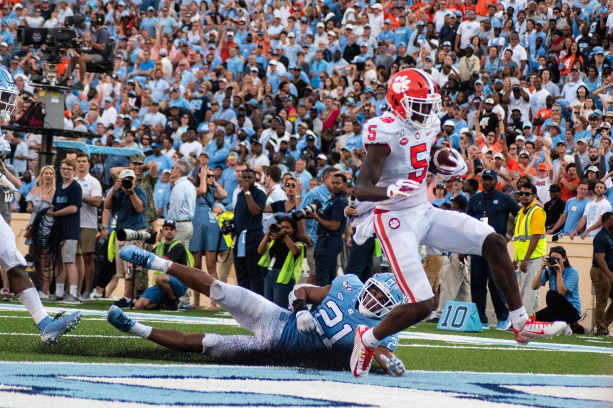 Former Clemson wide receiver Tee Higgins (5) marches into the endzone to solidify the Tigers 21-20 victory over the Tar Heels on September 28, 2019.