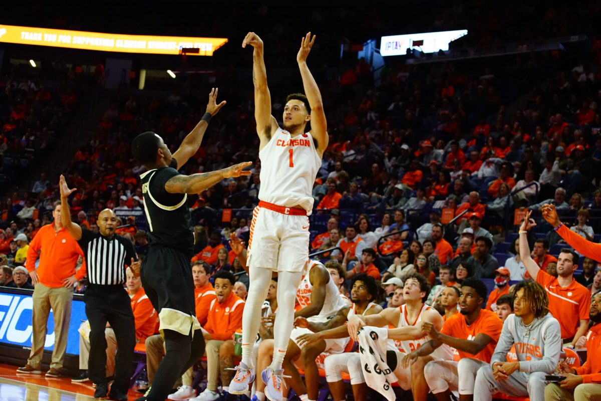 Clemson point guard Chase Hunter (1) is second in scoring for the Tigers this season with 14.6 points per game.