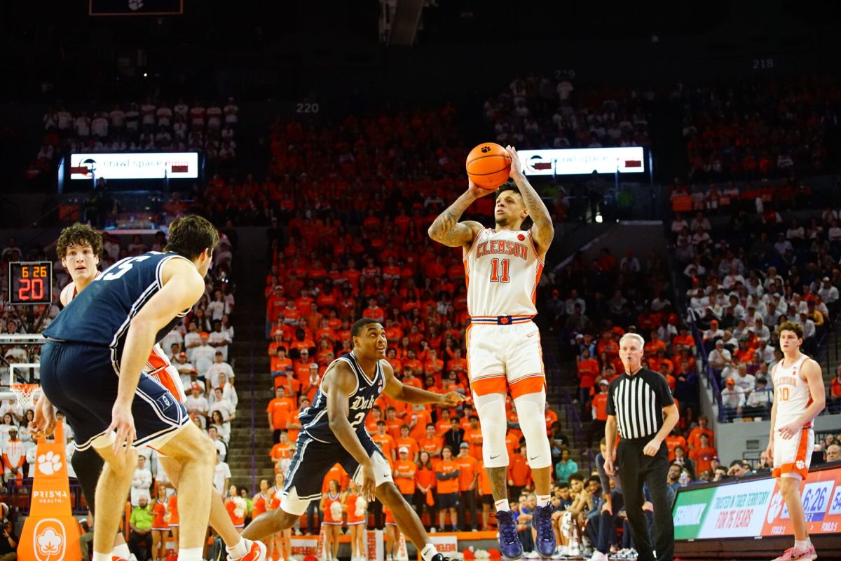 Clemson guard Brevin Galloway (11) shoots a jump shot during the Tigers’ gameagainst Duke in Littlejohn Coliseum on Jan. 14, 2023.