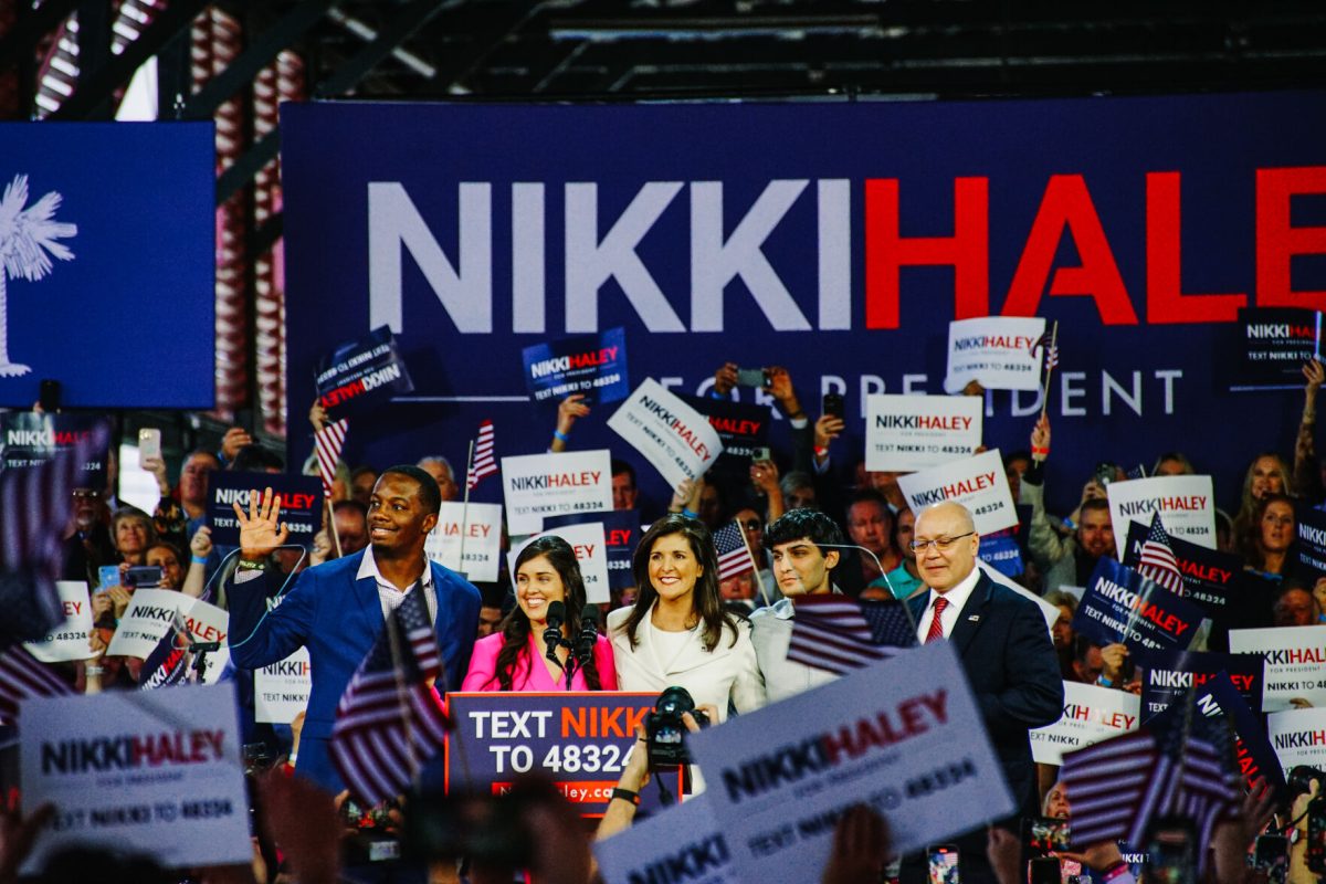 The Haley family takes the stage during Nikkis campaign announcement on Wednesday, Feb. 15, 2023, at the Charleston Visitor Center.