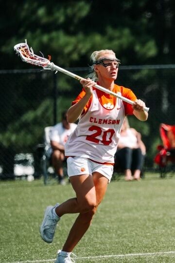 Clemson defender Mallory Martel (20) is a graduate transfer from Arizona State, where she spent the previous four seasons playing college lacrosse.
