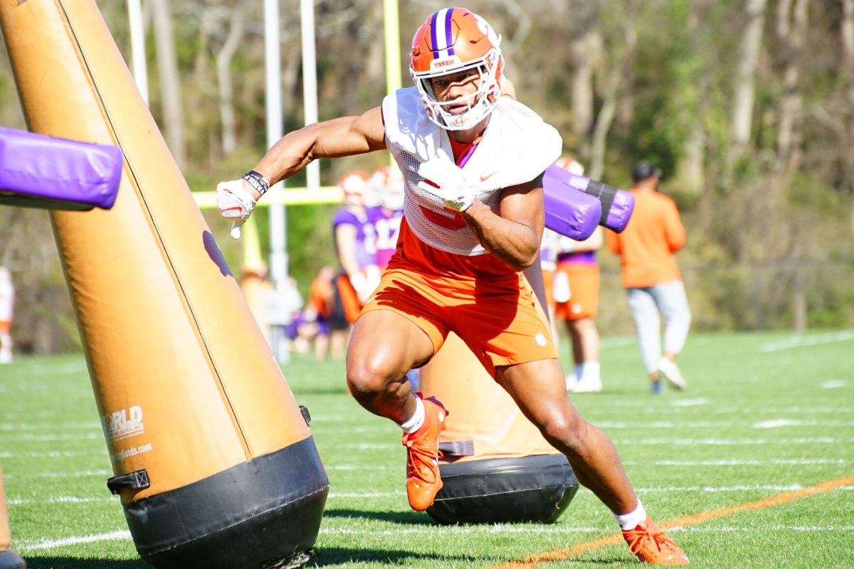 Clemson wide receiver Noble Johnson does drills during practice on March 7, 2023.