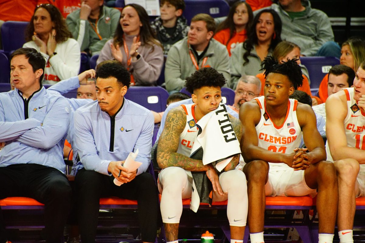 Clemson+guard+Brevin+Galloway+looks+onto+the+court+of+Littlejohn+Coliseum+during+the+Tigers+68-64+loss+to+Morehead+State+in+the+first+round+of+the+2023+NIT.