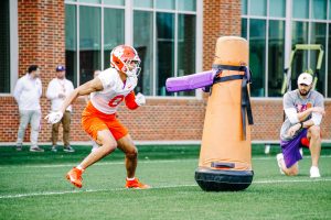Clemson wide receiver Antonio Williams (0) goes through drills at practice on March 6, 2023. 