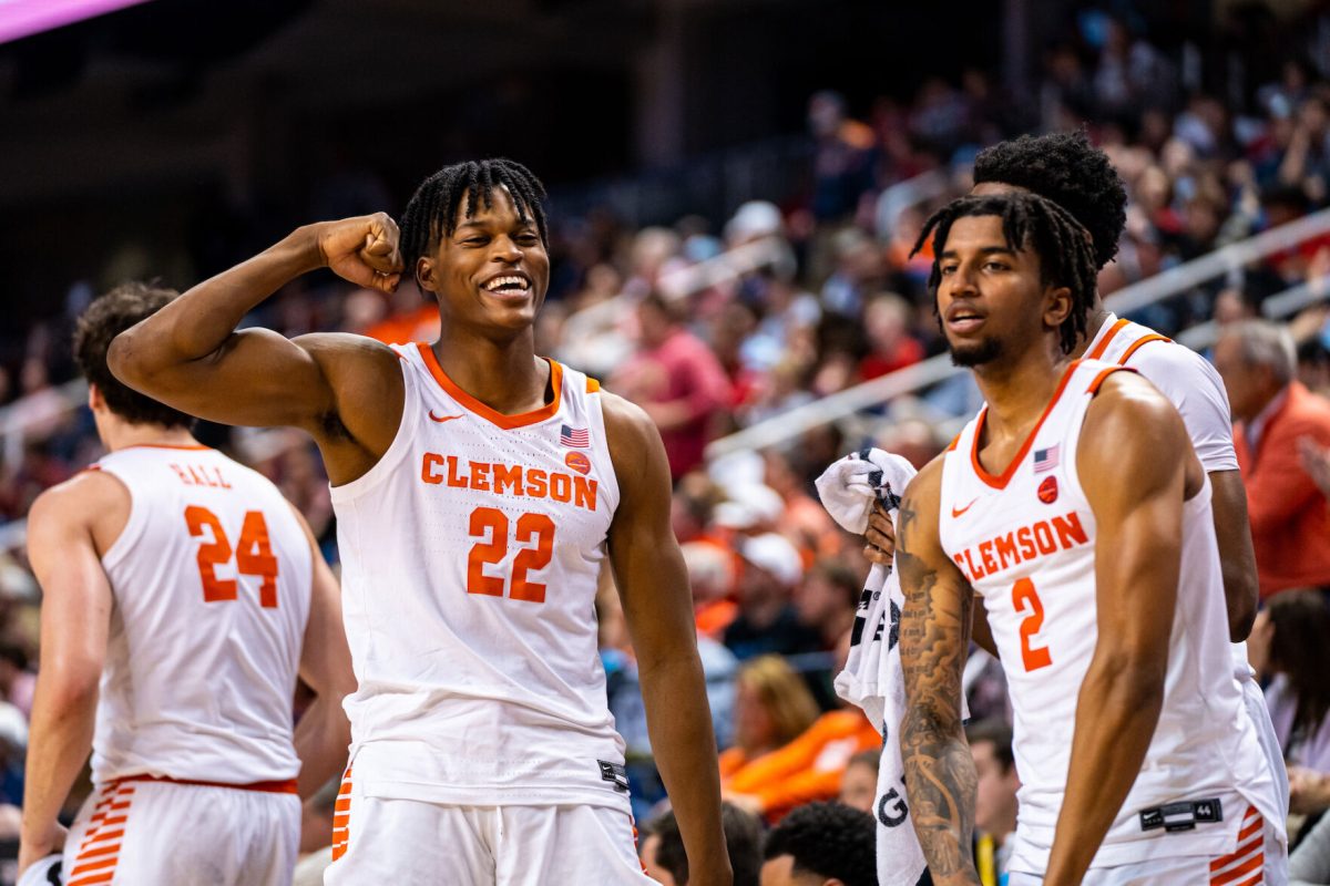 Clemson+forward+RJ+Godfrey+%2822%29+and+guard+Dillon+Hunter+%282%29+celebrate+against+NC+State+in+the+quarterfinals+of+the+ACC+tournament+on+March+9%2C+2023%2C+at+Greensboro+Coliseum.%26%23160%3B