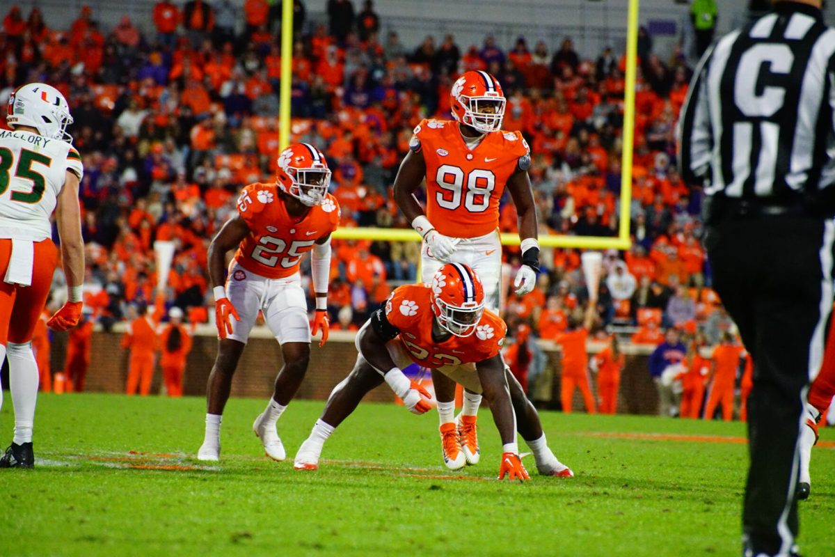 Former Clemson defensive end Myles Murphy lines up against Miami on Nov. 19, 2022 at Memorial Stadium.