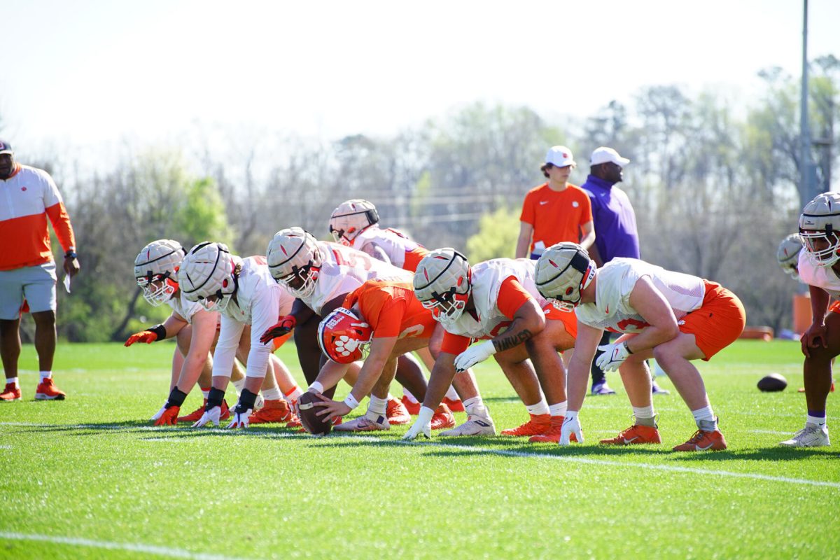 The Clemson offensive lines up during 2023 spring practice.
