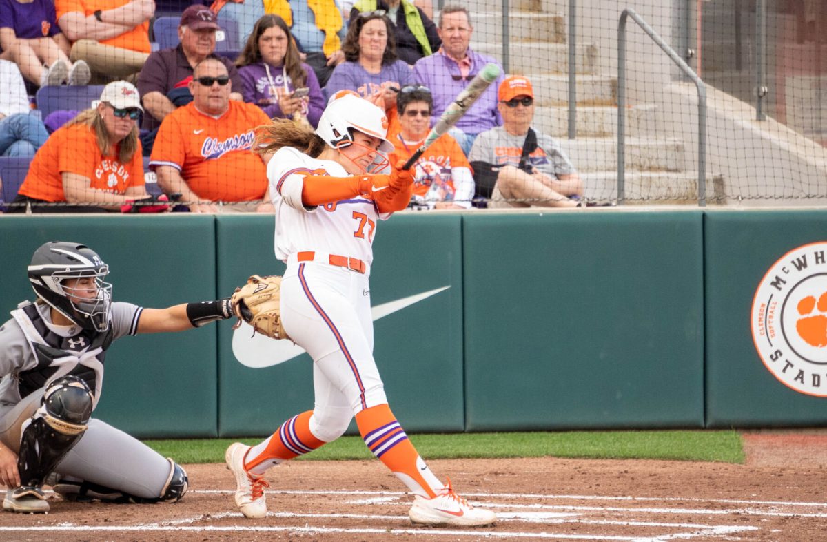 Clemson pitcher/utility player Valerie Cagle (72) takes an at-bat against South Carolina on March 28, 2023 at McWhorter Stadium.
