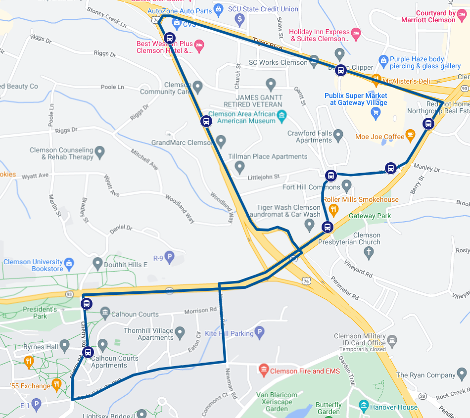 The proposed alignment path of the new Gold Route. The route will connect the Crawford Falls and Publix areas with east campus, providing relief for Red Route commuters and increasing access for on campus students looking for groceries, medicines or just a meal out.