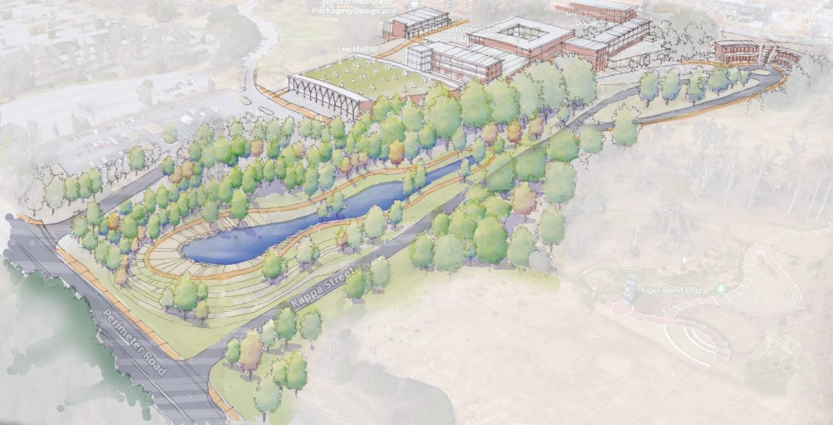 A drawing showing what the Suber Dam area will look like after construction, with new trees and a path around the pond.