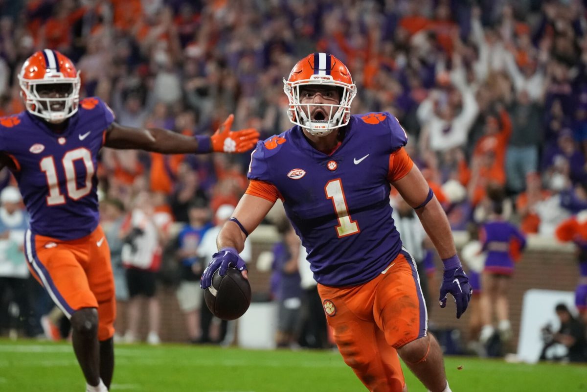 Clemson running back Will Shipley celebrates after an important play in the Tigers victory over Louisville in November, 2023.