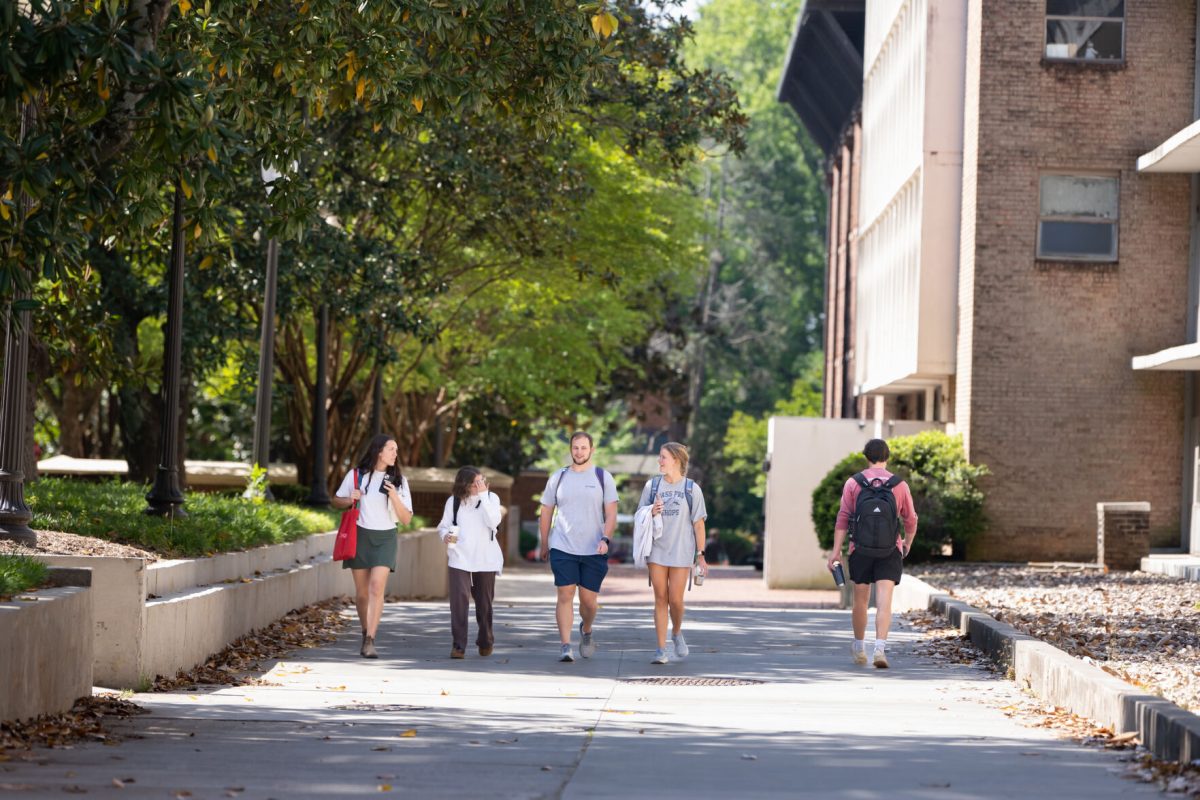 Students make their way to class through Core Campus on a beautiful day in Clemson, South Carolina. 
