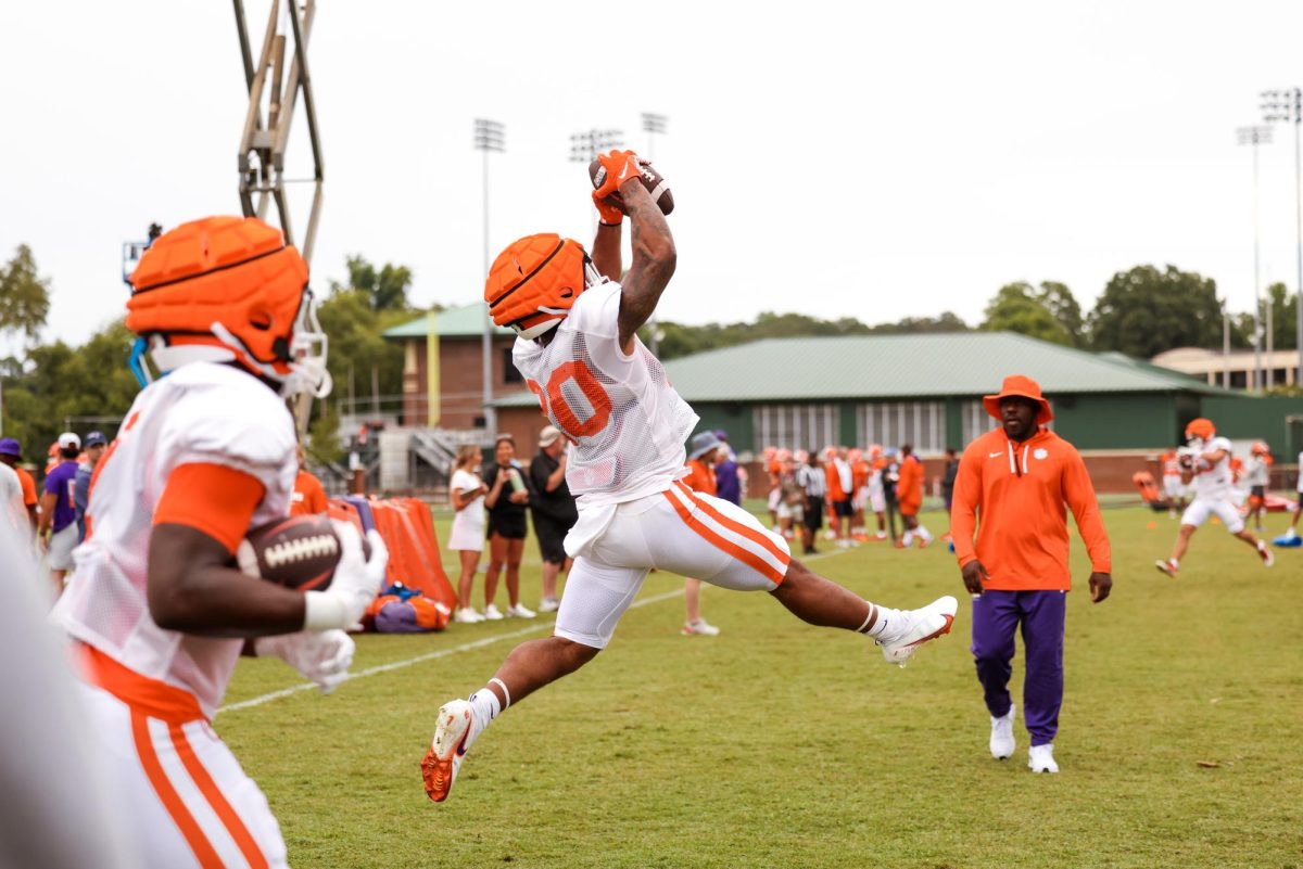 Clemson running back Domonique Thomas catches a pass during practice on Aug. 10, 2023.
