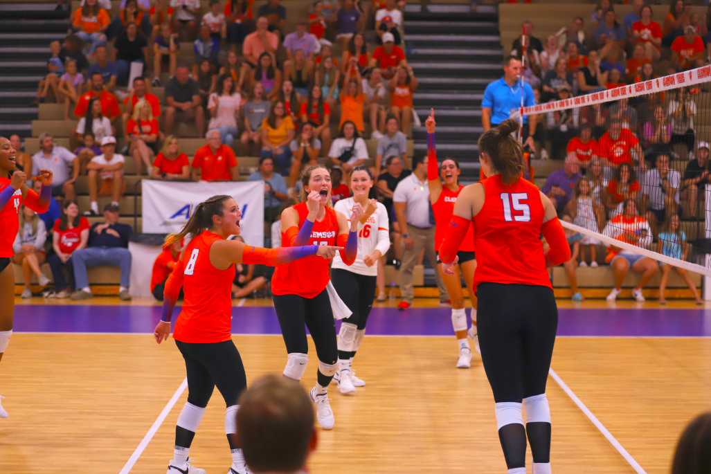 Clemsons volleyball team went undefeated this past weekend at the Tulane Invitational in New Orleans, LA. Pictured celebrating a kill against South Alabama in September. 