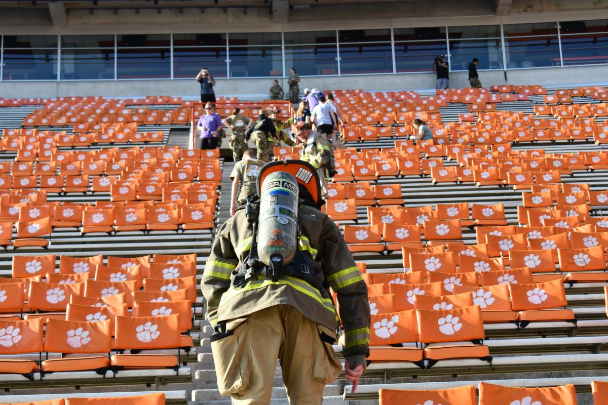 Clemson Firefighters dressed in full gear for Clemson Universitys 2023 9/11 memorial stair climb event.