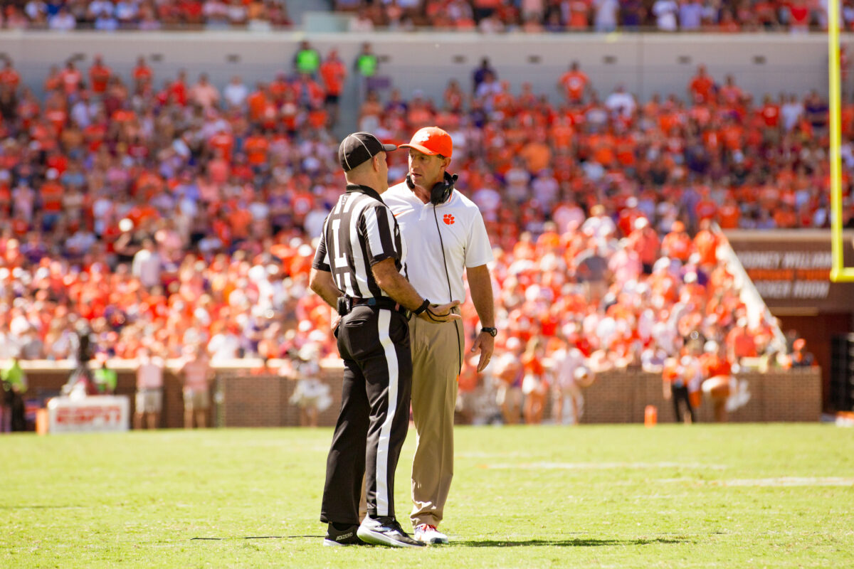Clemson head coach Dabo Swinney talks to a referee on Saturday during a dispute over a call made in the second half.