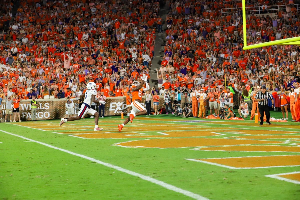 Clemson true freshman wide receiver Tyler Brown (6) recorded his first career touchdown on Saturday, connecting with Cade Klubnik on a 30-yard score. 